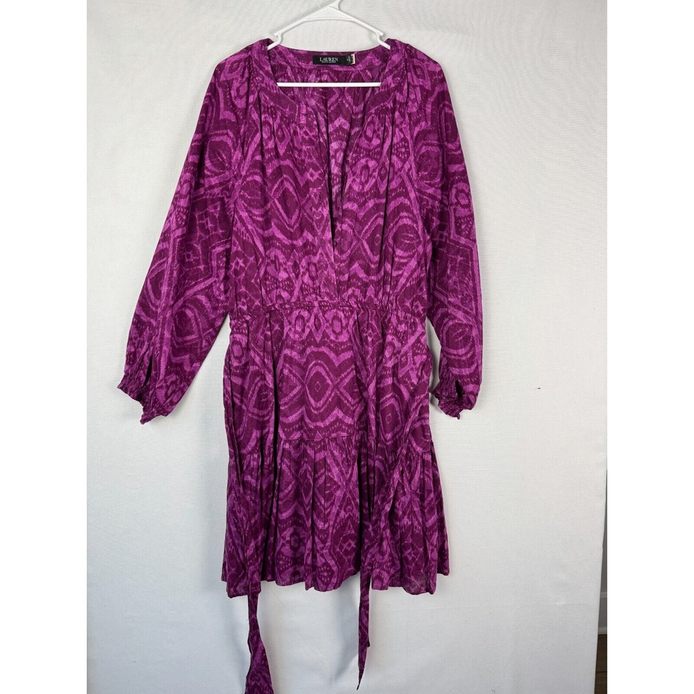 LRL Ralph Lauren Black Label Dress Womens 10 Purple Boho Strap Puff Ruffle Lined